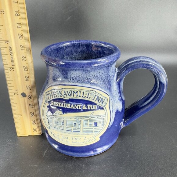 Deneen Pottery Hand Made Coffee Mug Cup USA Blue Drip Glaze The Sawmill Inn Mug - Picture 3 of 12